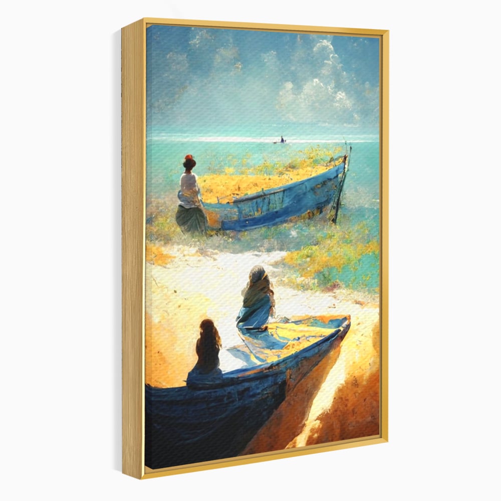 Tablou canvas cu tablou canvas cu femei pe plaja si barci, in rama de aluminiu auriu